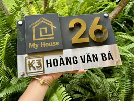 Bảng số nhà inox 3D chữ vàng gương nền đen ba tầng họa tiết My House cao cấp Bảng Hiệu Vàng