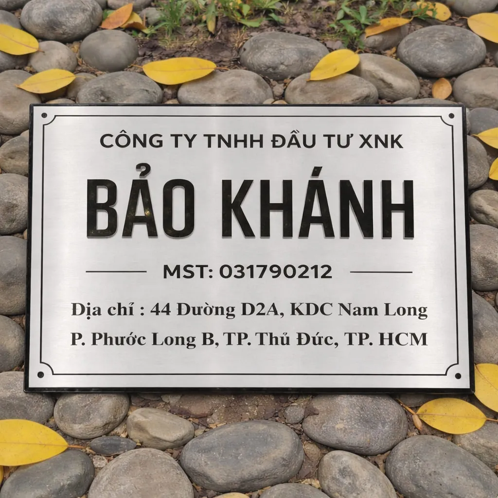 cận cảnh chữ inox gương bạc phản chiếu môi trường trên bảng hiệu công ty inox trắng xước brushed silver