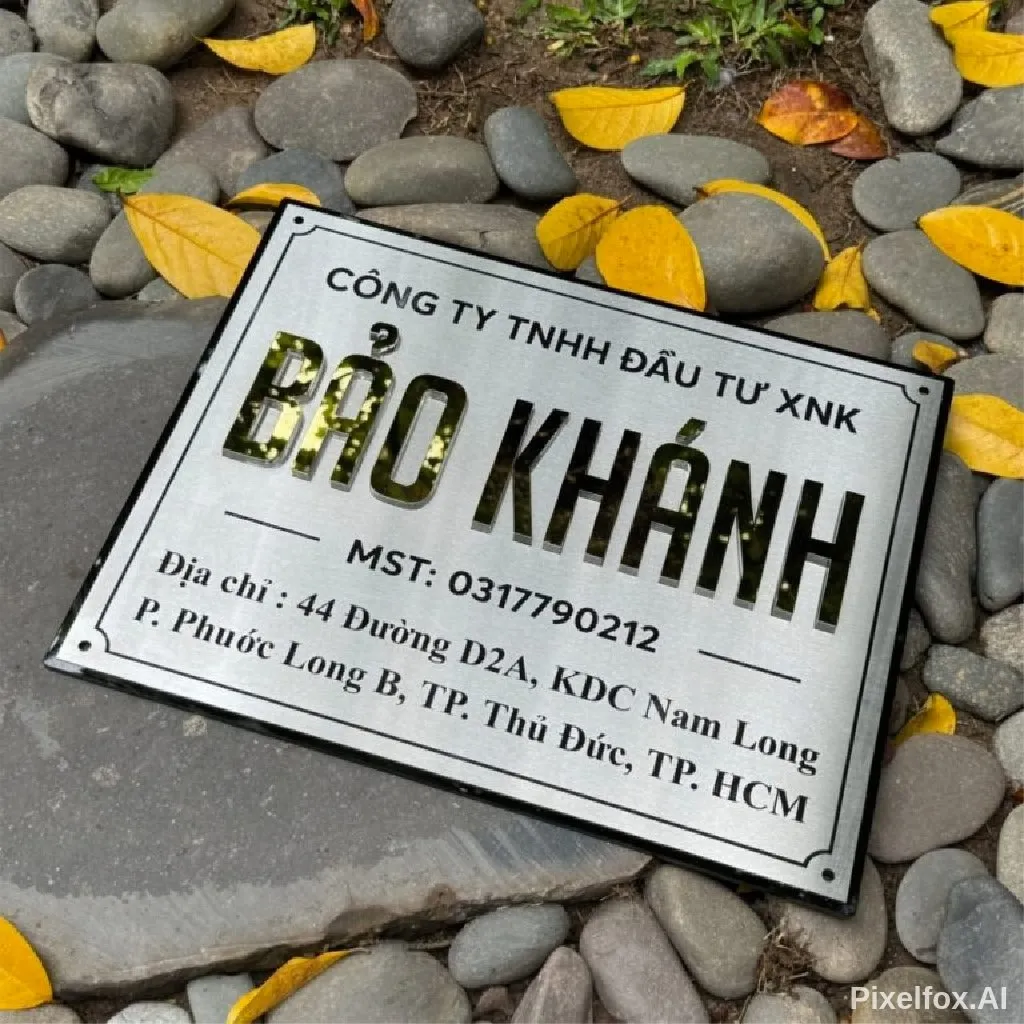 bảng hiệu công ty inox tương phản chữ gương bóng trên nền xước mờ