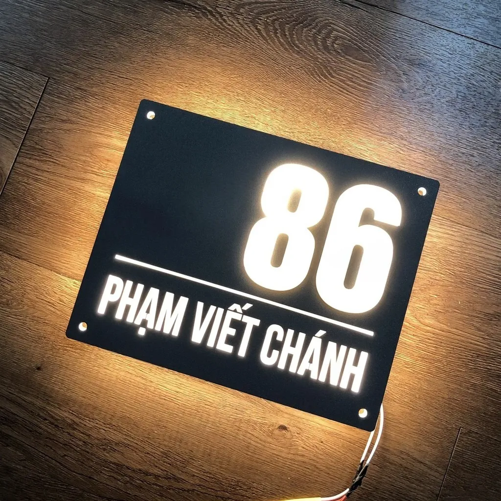 Bảng số nhà 3D số mica hút LED backlit phát sáng trắng ấm ban đêm nền xám titan sơn tĩnh điện
