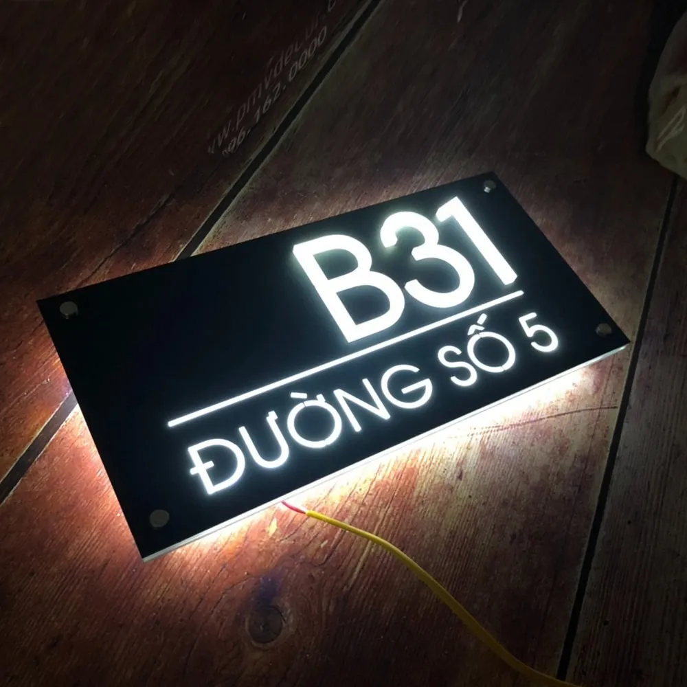 Bảng số nhà có đèn LED phát sáng ban đêm – chữ nổi 3D backlight trắng rực trên nền đen