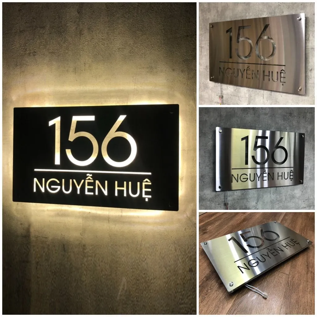 Bảng số nhà inox 304 hairline cắt CNC đèn LED halo backlit, so sánh ban ngày và ban đêm