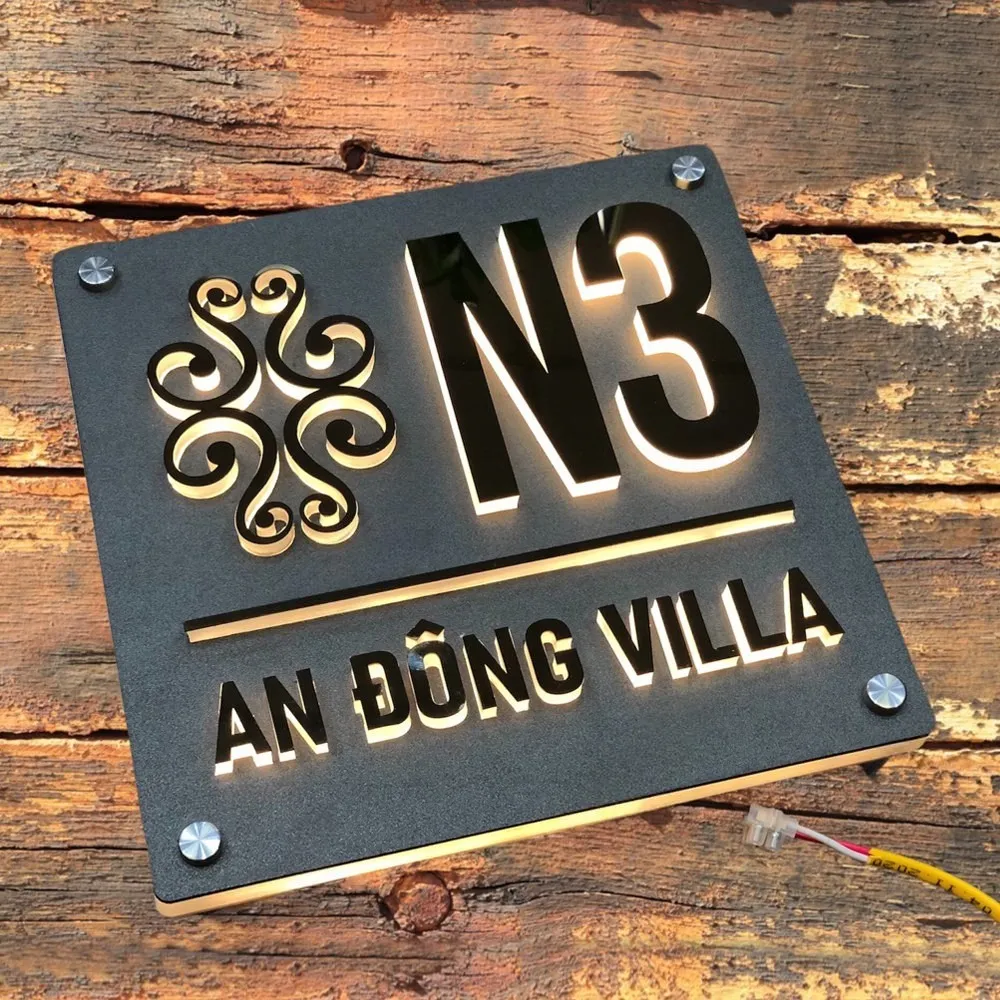 Bảng số nhà inox 3D chữ gương LED halo phối cảnh thực tế góc ngang
