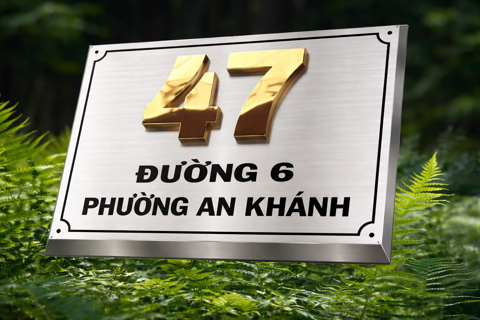 Bảng số nhà inox xước bạc số vàng gương nổi 3D viền vát chéo phong cách cổ điển sang trọng chụp góc thấp – số vàng nổi bật trên nền bạc xước giữa cây xanh tự nhiên