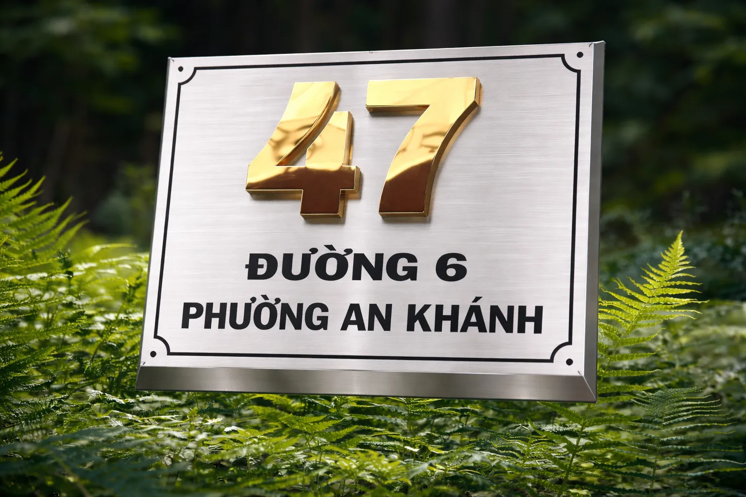 Bảng số nhà inox xước bạc số vàng gương nổi 3D viền vát chéo nhìn thẳng mặt trước – khung viền cổ điển và số vàng gương rực rỡ trên nền bạc xước