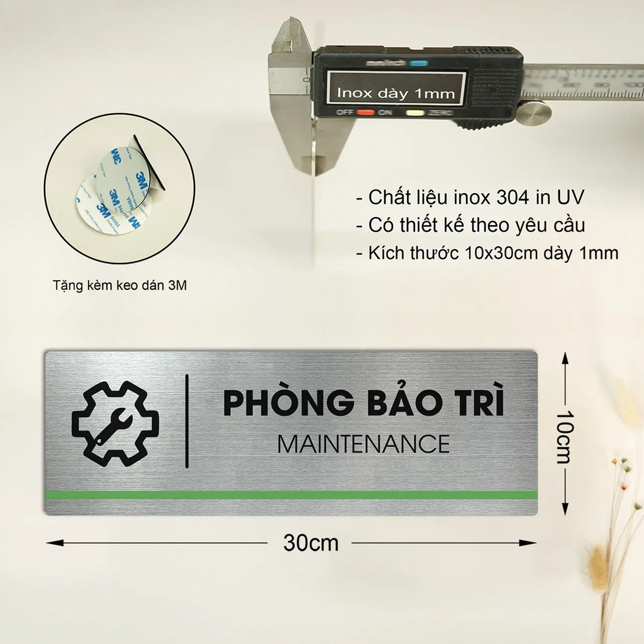 Bảng tên phòng inox 304 kích thước 10x30cm dày 1mm, tặng keo dán 3M