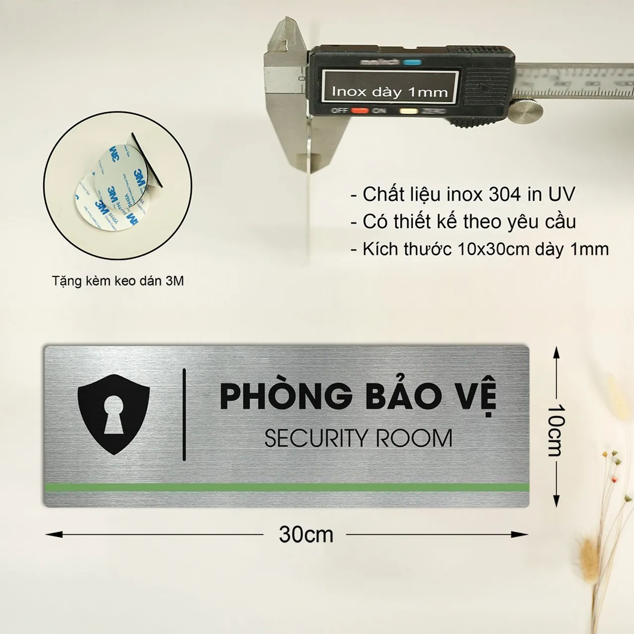 Thông số thực tế bảng tên phòng bảo vệ inox 304: kích thước 10x30cm, dày 1mm, kèm keo dán 3M
