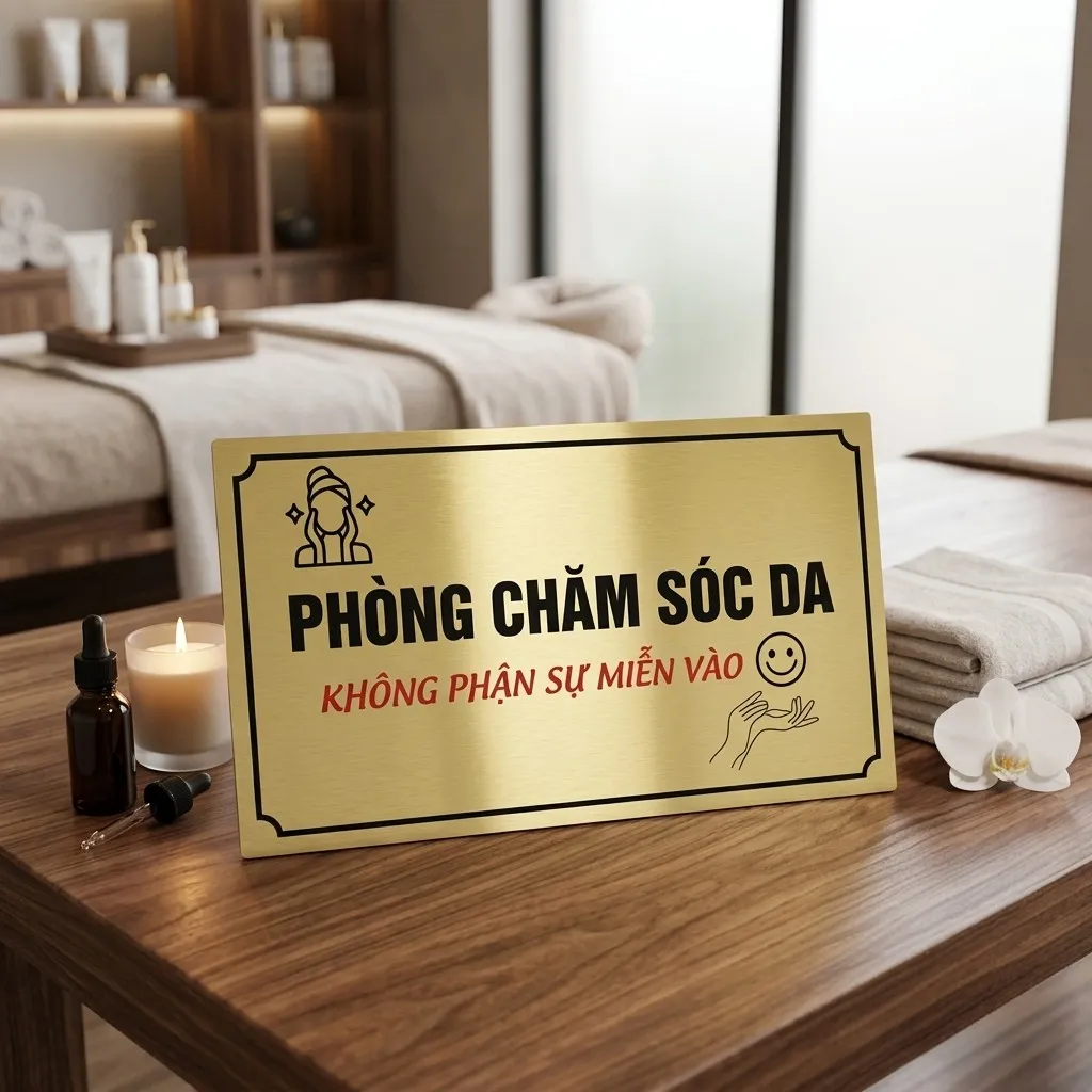 Bảng tên phòng chăm sóc da đặt trong không gian spa thực tế Bảng tên phòng chăm sóc da inox vàng xước trong không gian spa