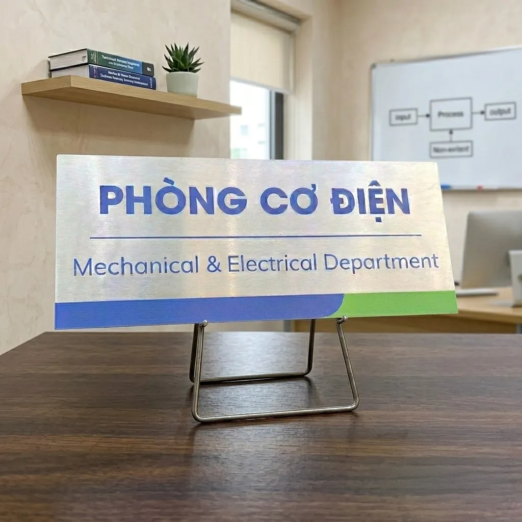 Bảng tên phòng cơ điện đặt trên bàn làm việc – inox 304 phay xước Bảng tên phòng cơ điện inox đặt trên giá đỡ inox trong phòng làm việc