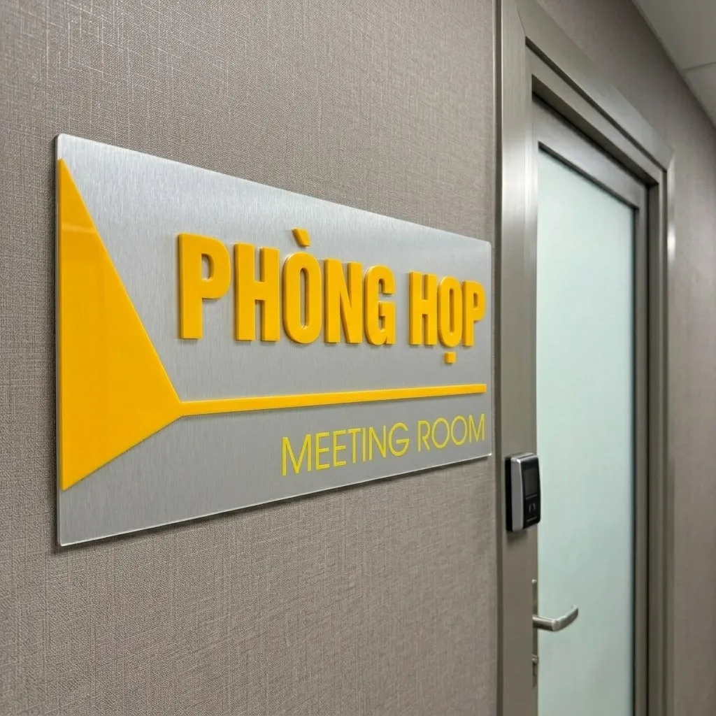 Bảng phòng họp inox trắng xước chữ mica nổi gắn tường hành lang văn phòng hiện đại