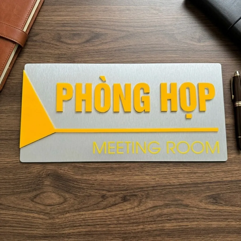 Bảng tên phòng họp inox trắng xước chữ mica nổi vàng cam đặt trên bàn văn phòng