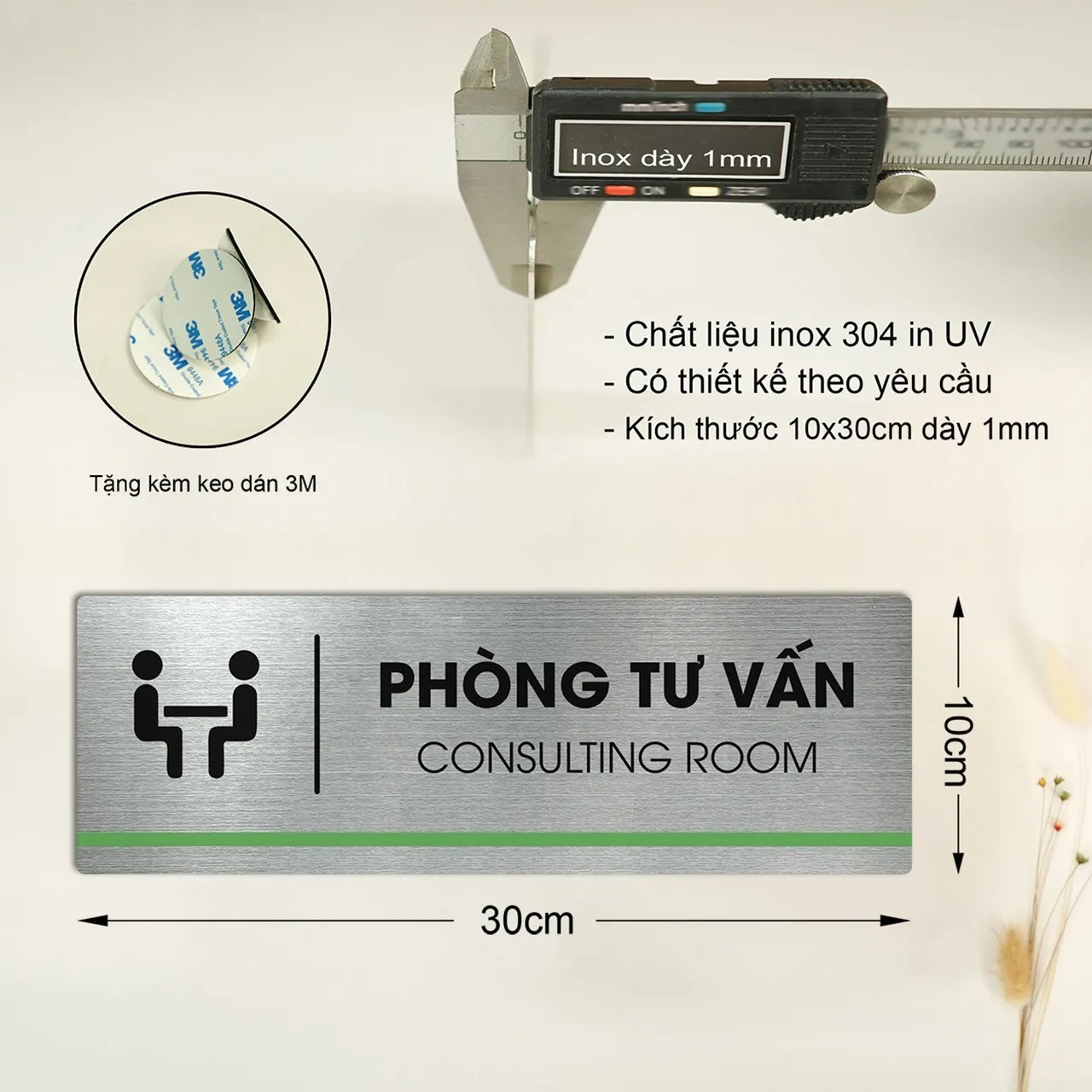 Thông số kỹ thuật bảng tên phòng tư vấn inox 304 dày 1mm kích thước 10x30cm