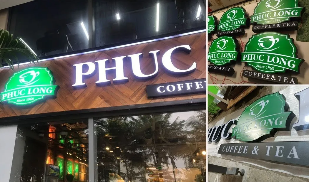 Biển quảng cáo Phúc Long chữ nổi inox trắng nền gỗ tự nhiên logo xanh sáng đẹp ban đêm