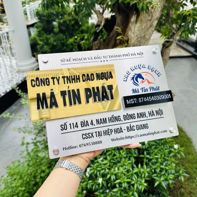 Bảng hiệu công ty inox bạc xước khối vàng gương đặt phẳng trên nền gỗ Bảng hiệu công ty inox 304 xước bạc khối tên thương hiệu vàng gương chữ nổi 3D đặt phẳng trên nền gỗ tối