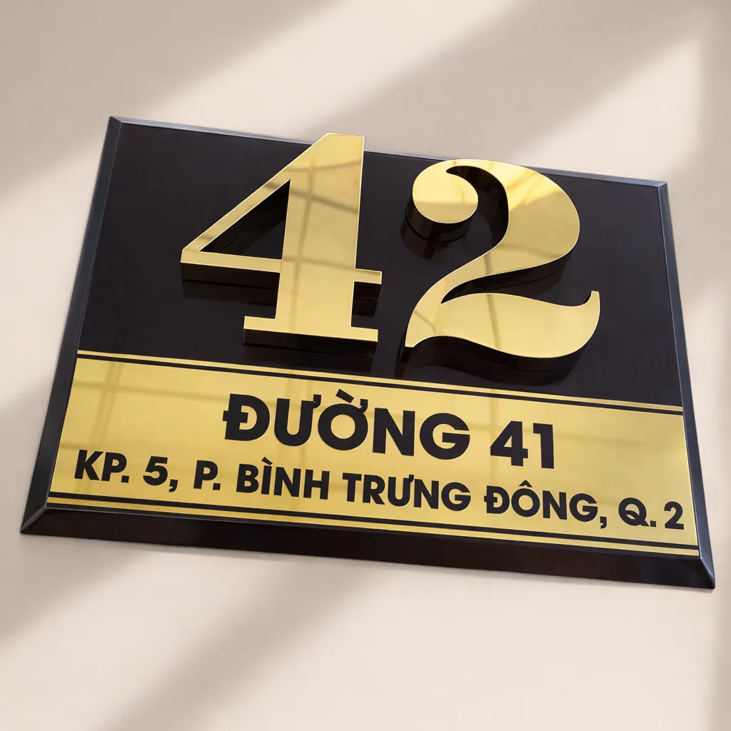 Bảng số nhà nền đen chữ vàng nổi 3D nhìn từ góc cao – thấy rõ chữ vàng gương nổi và cạnh vát vàng bóng