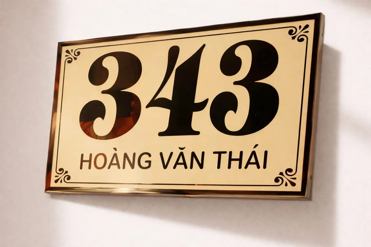bảng số nhà inox vàng gương độ dày 20mm cạnh vuông Bảng số nhà inox vàng chụp từ góc thấp thấy rõ độ dày 20mm