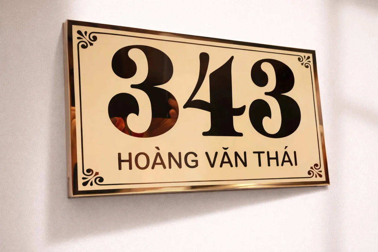 Mặt trước bảng số nhà inox vàng gương nhìn thẳng mẫu bảng số nhà inox vàng gương chính diện đẹp