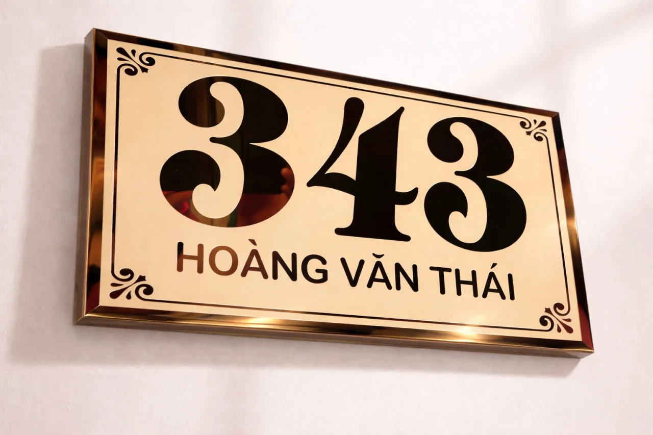 Bảng số nhà inox vàng gương gắn tường tổng thể bảng số nhà inox vàng gương gắn tường sang trọng phù hợp biệt thự villa