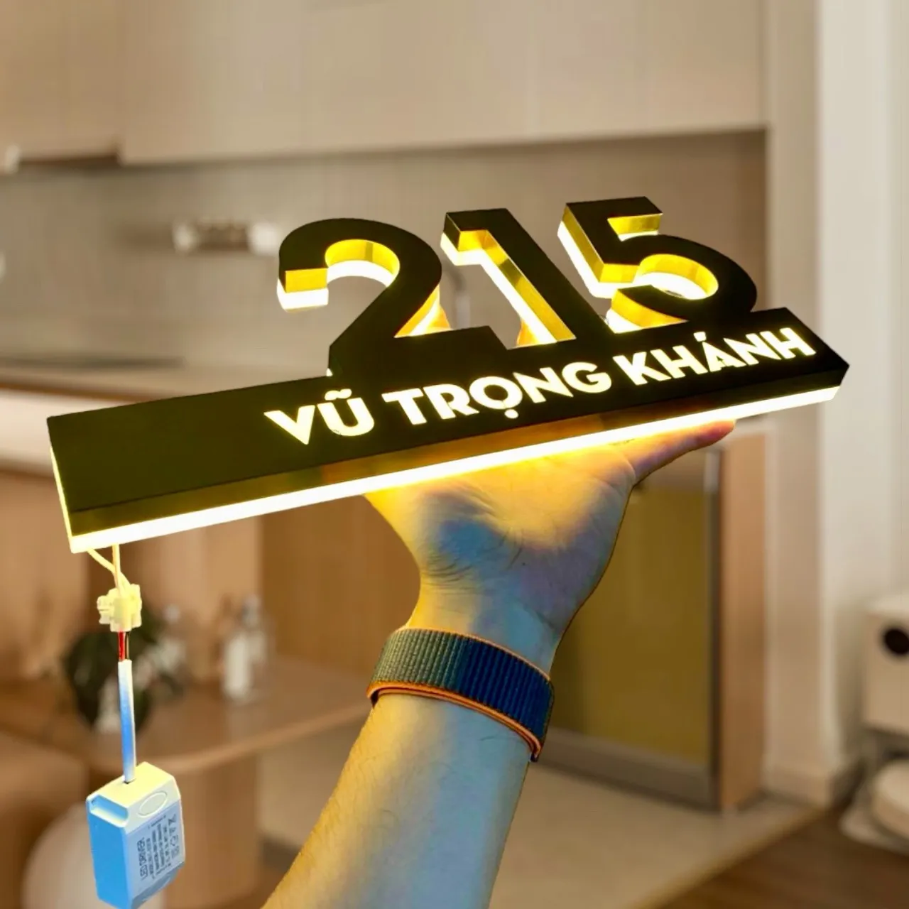Bảng số nhà inox vàng PVD hairline chữ nổi tách khối LED halo vàng ấm cầm trên tay nội thất