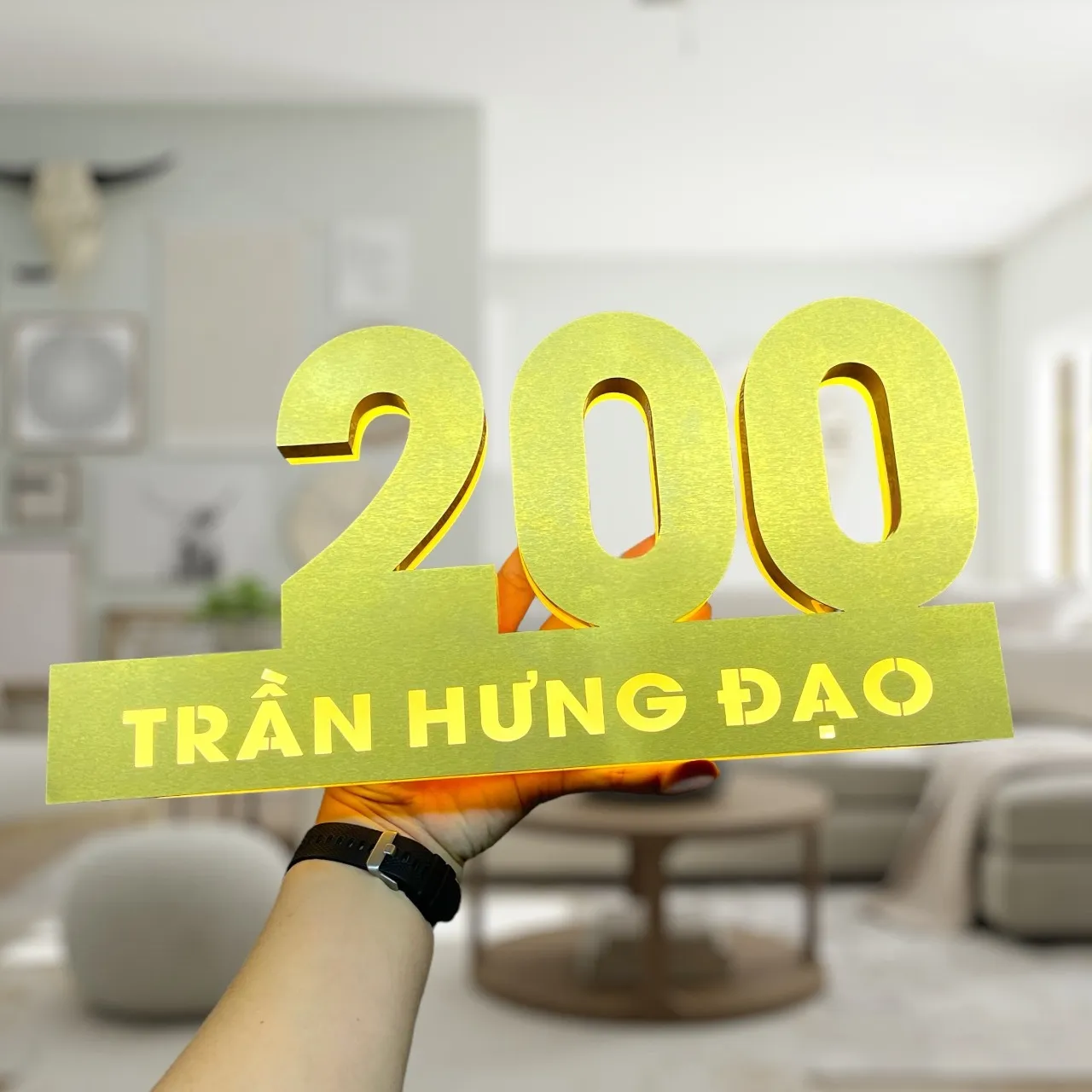 Cận mặt trước bảng số nhà inox 3D vàng PVD hairline chữ số tách khối LED halo cạnh dưới