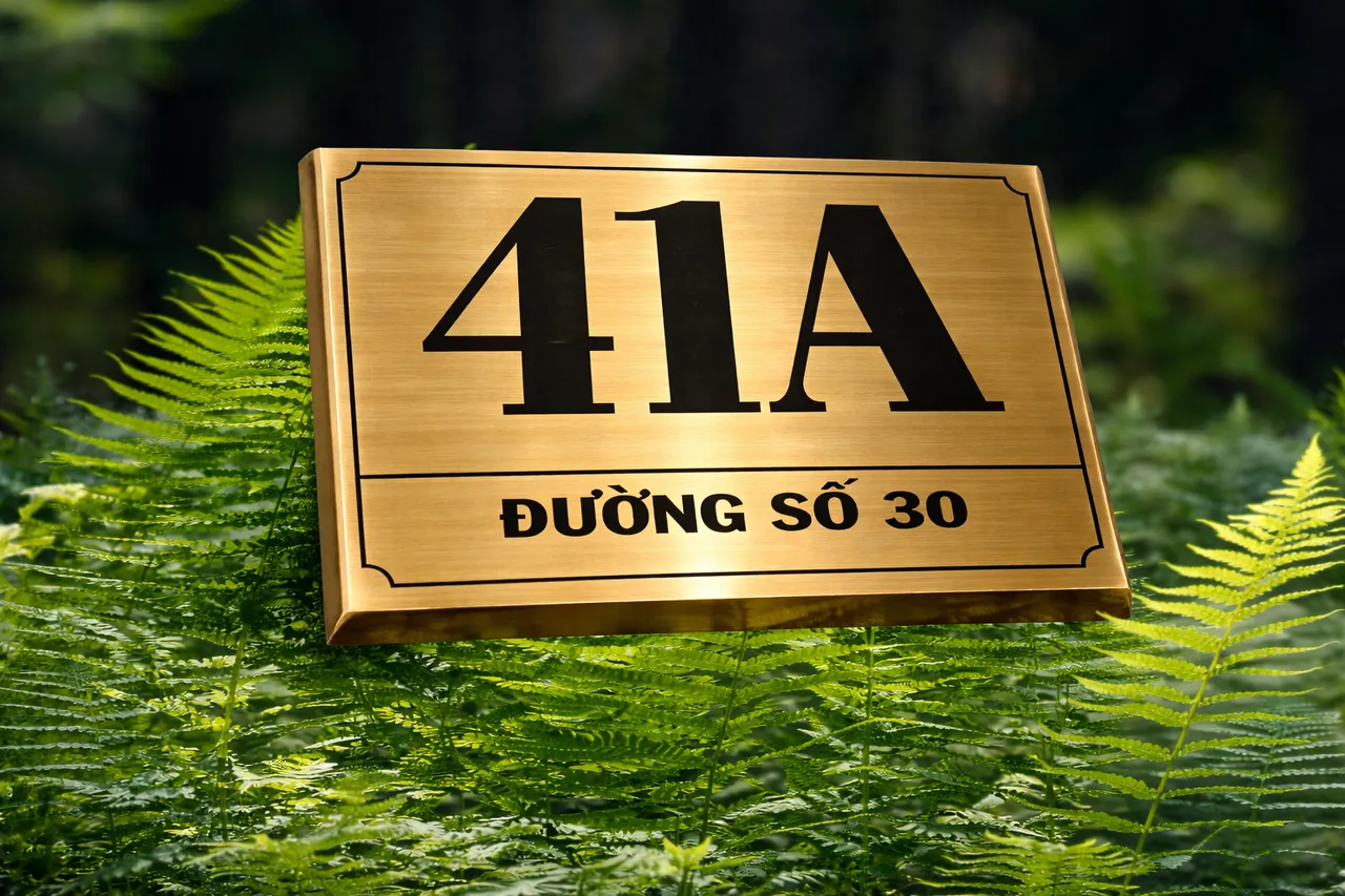 Bảng số nhà inox vàng xước khắc chìm viền vát chéo chụp dưới ánh sáng tự nhiên – vân xước vàng mịn đều hiện rõ, khung viền cổ điển ăn mòn hoá học tinh tế