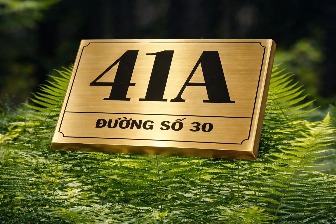 Bảng số nhà inox vàng xước khắc chìm chụp góc thấp toàn cảnh – viền vát chéo vàng xước cùng tông tạo chiều sâu hình học, khung viền bo góc cổ điển rõ nét