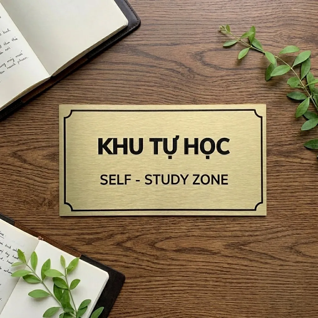 Bảng tên Khu Tự Học inox vàng xước trong không gian học tập
