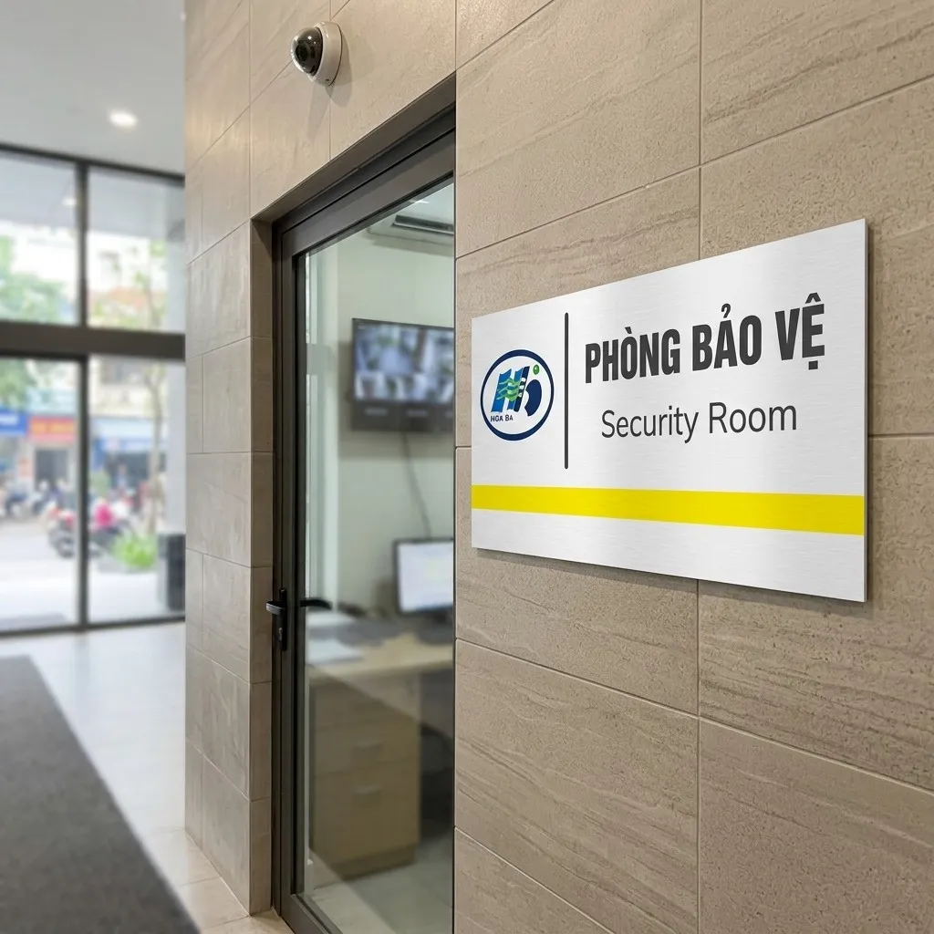 Bảng tên phòng Bảo Vệ lắp đặt thực tế tại tòa nhà Bảng tên Phòng Bảo Vệ gắn trên tường đá ốp cạnh cửa kính văn phòng