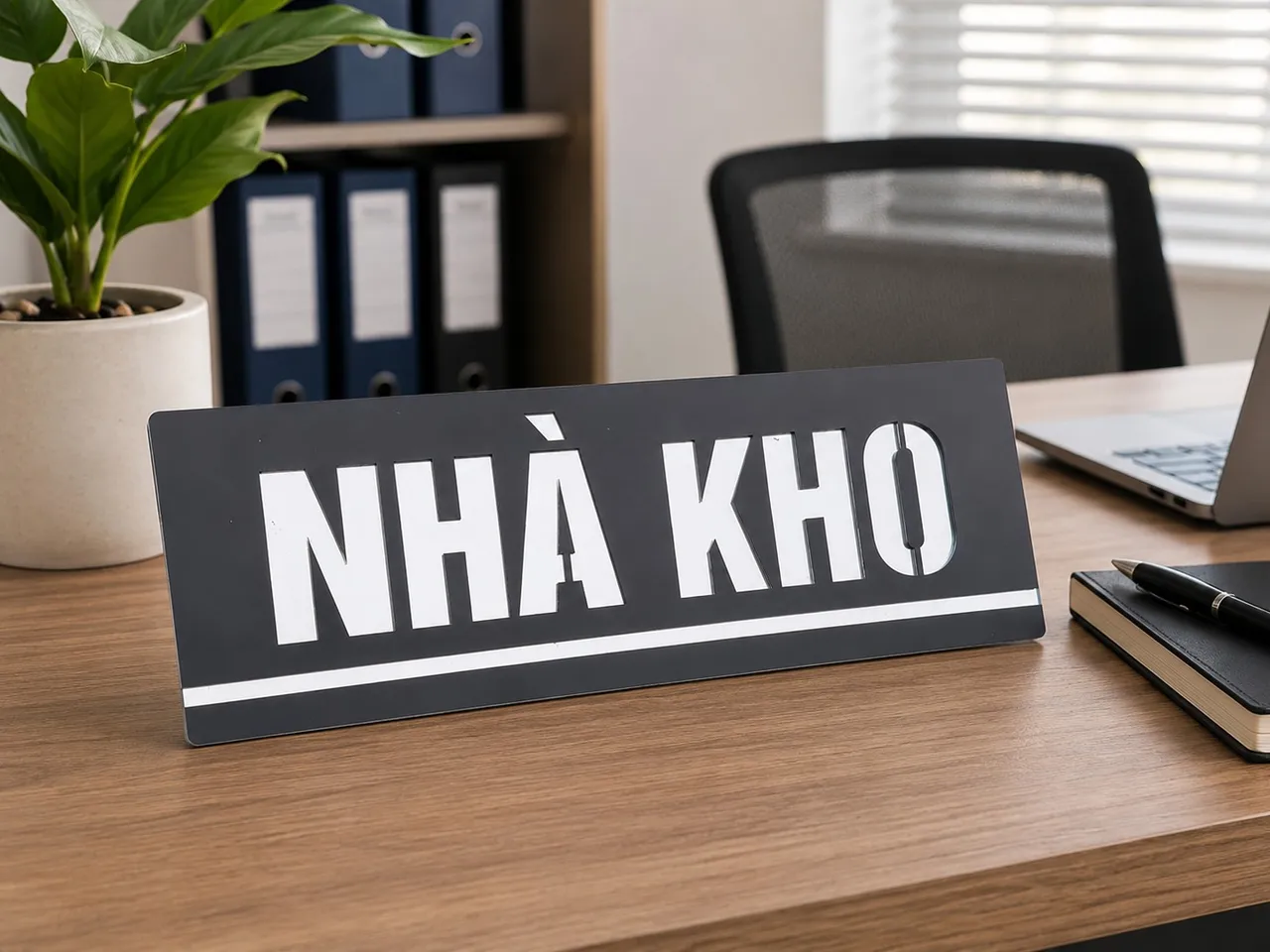 Bảng nhà kho inox đen nhám chữ trắng xước phối cảnh thực tế