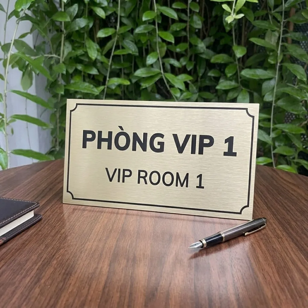 Bảng tên phòng VIP inox vàng xước đặt trên bàn gỗ Bảng tên phòng VIP inox vàng xước đặt trên bàn gỗ cạnh bút và sổ tay