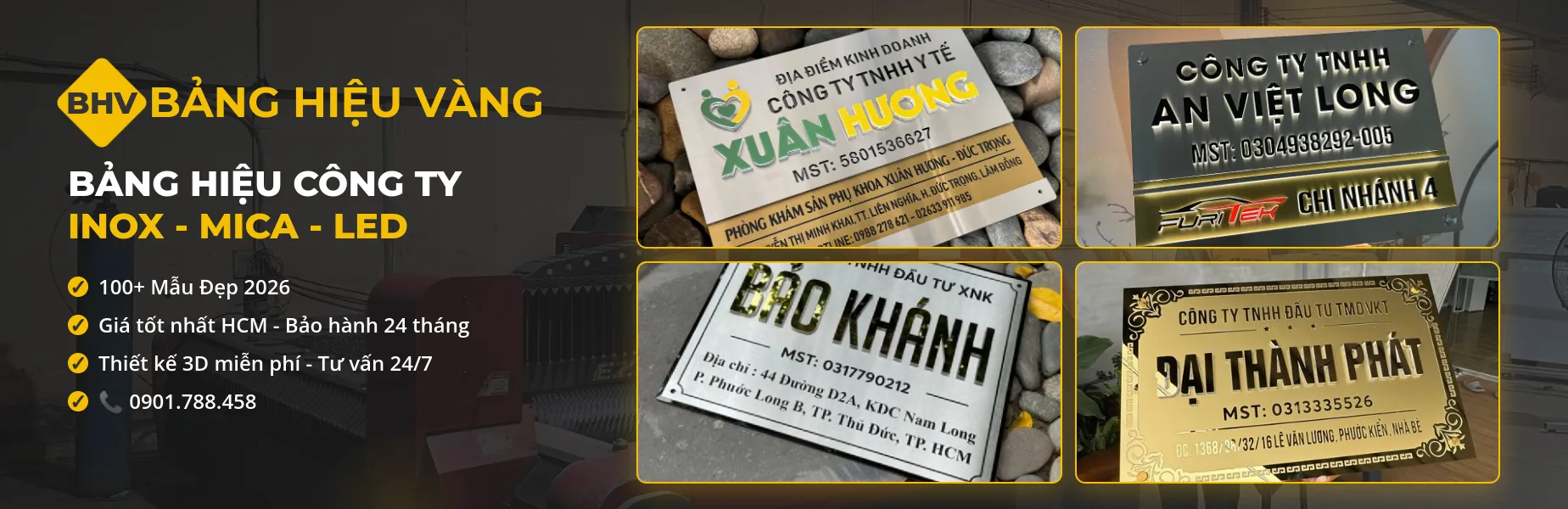 Bảng Hiệu Công Ty Inox Chữ Nổi, Ăn Mòn, LED, Mica | Bảng Hiệu Vàng