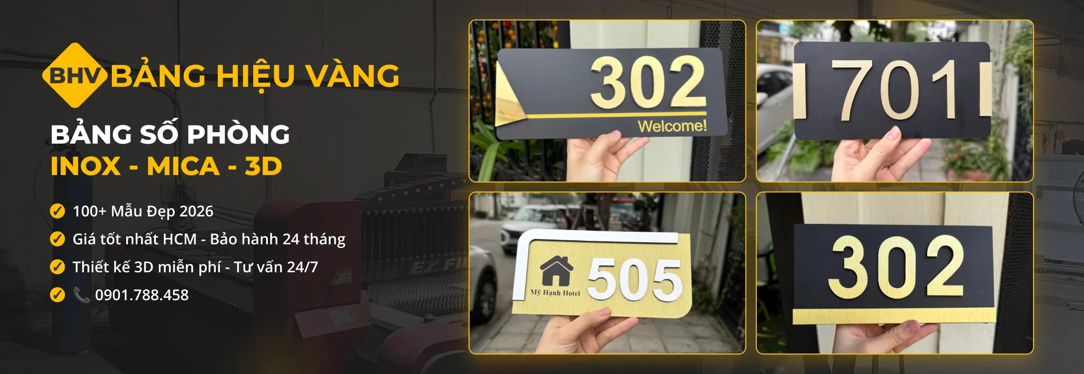 Bảng Số Phòng Inox, Chữ Nổi 3D, Mica | Bảng Hiệu Vàng